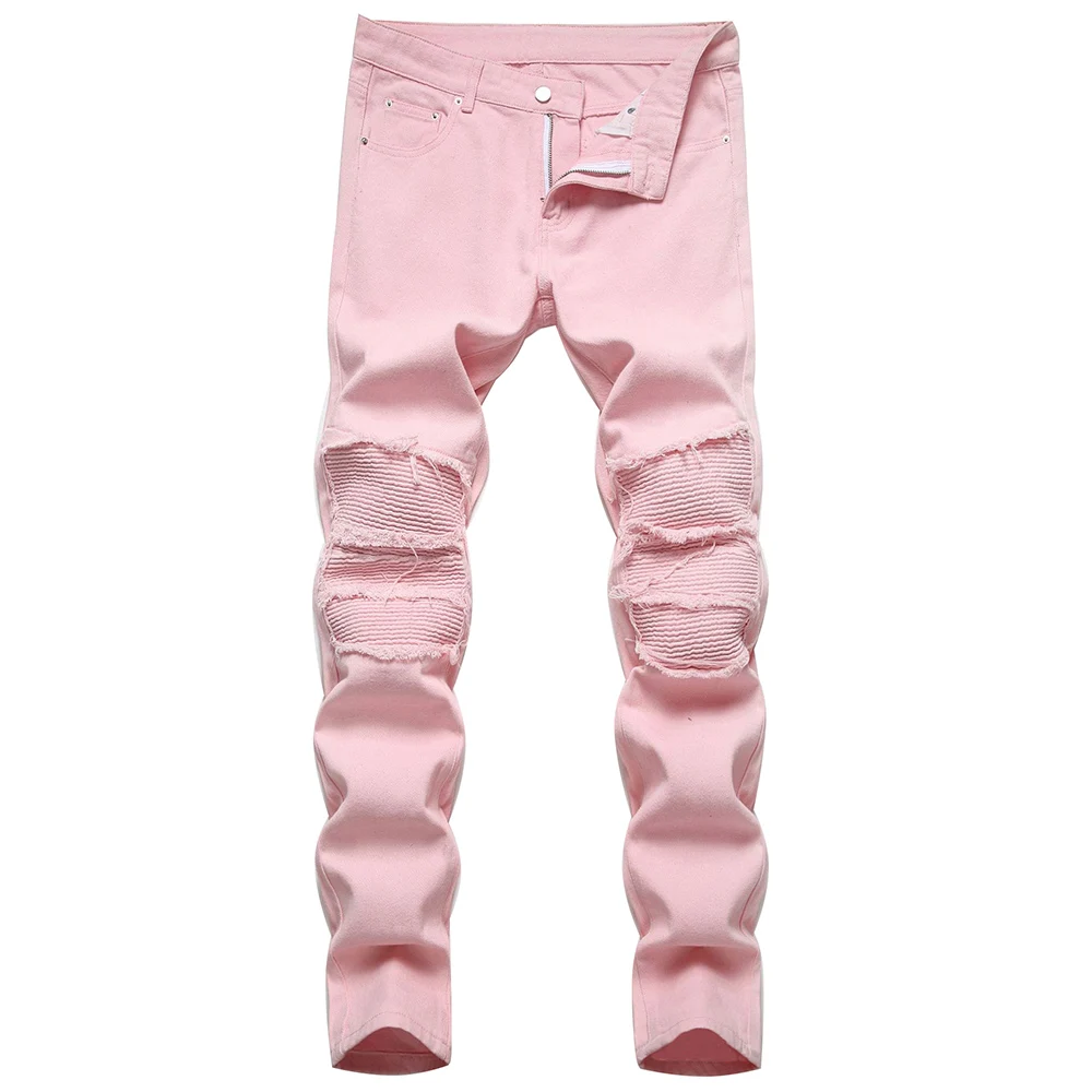 

Men's Pleated Patch Denim Biker Jeans Streetwear Pink White Cotton Pants Ripped Patchwork Slim Straight Trousers