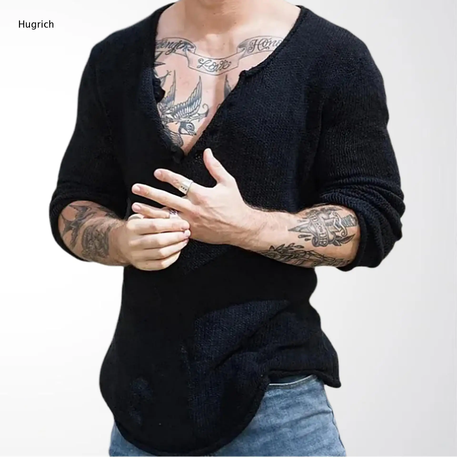Men's Breathable Slub Knit Raw Fray Edge Deep V Neck Irregular Curved Hem Sweater