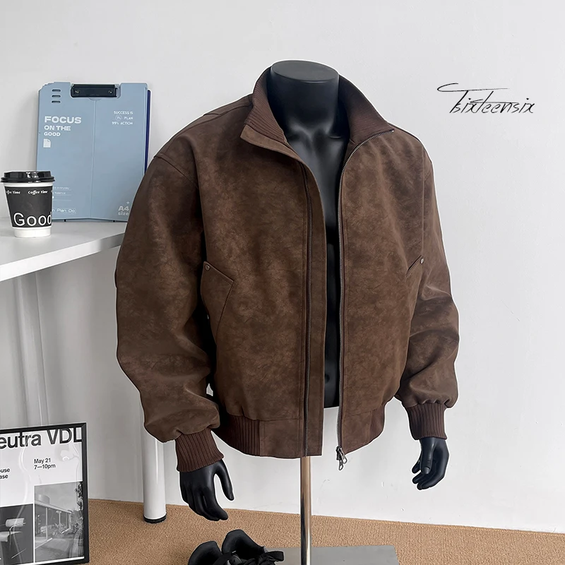 Men's stand up collar American style streetwear casual leather jacket, fashionable motorcycle bomber men's jacket