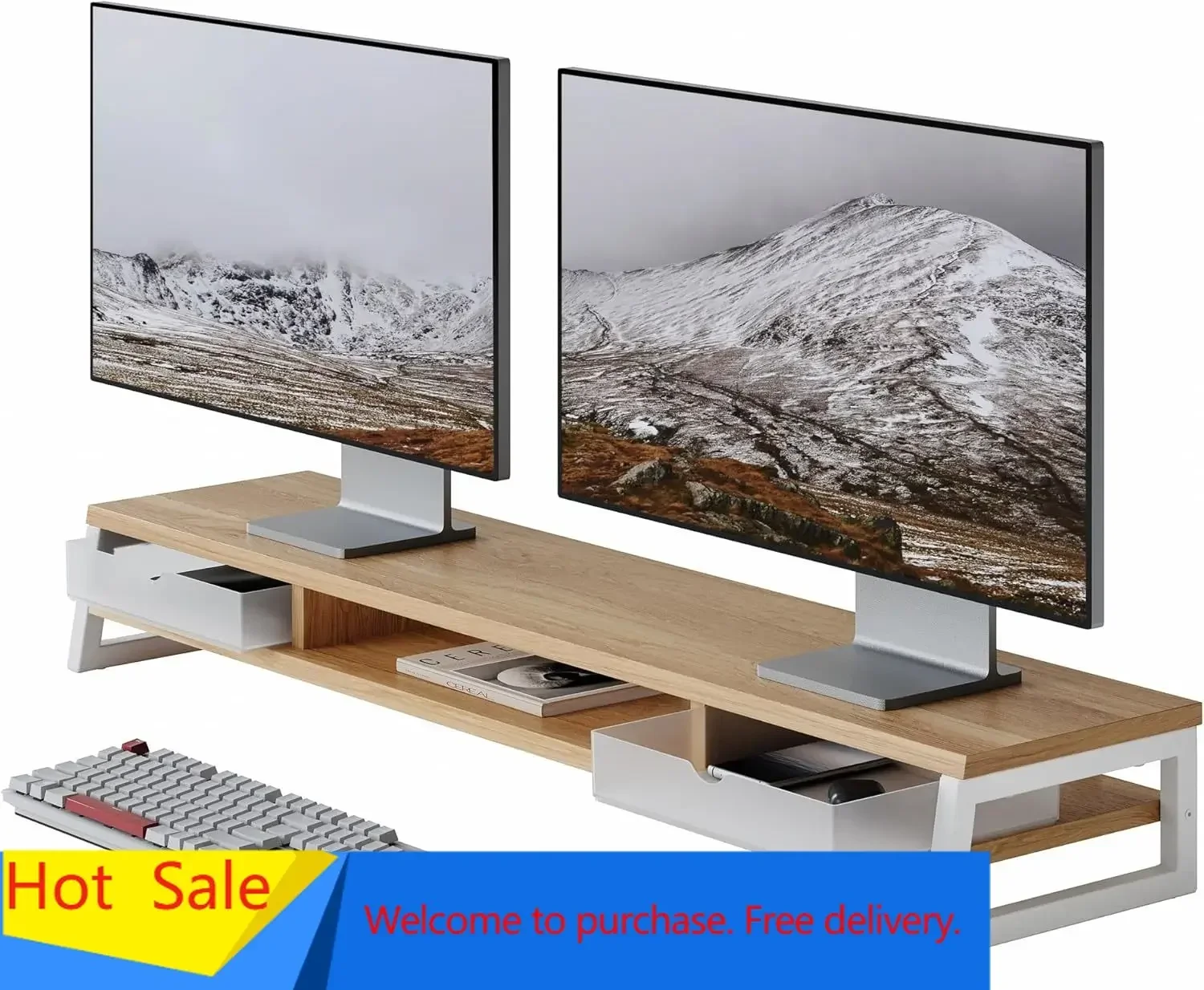 Dual Monitor Stand, Monitor Riser with Drawer, 42.5 Inch Large Computer Monitor Stand for 2 Monitors, 2 Tier Wooden Desk Shelf f