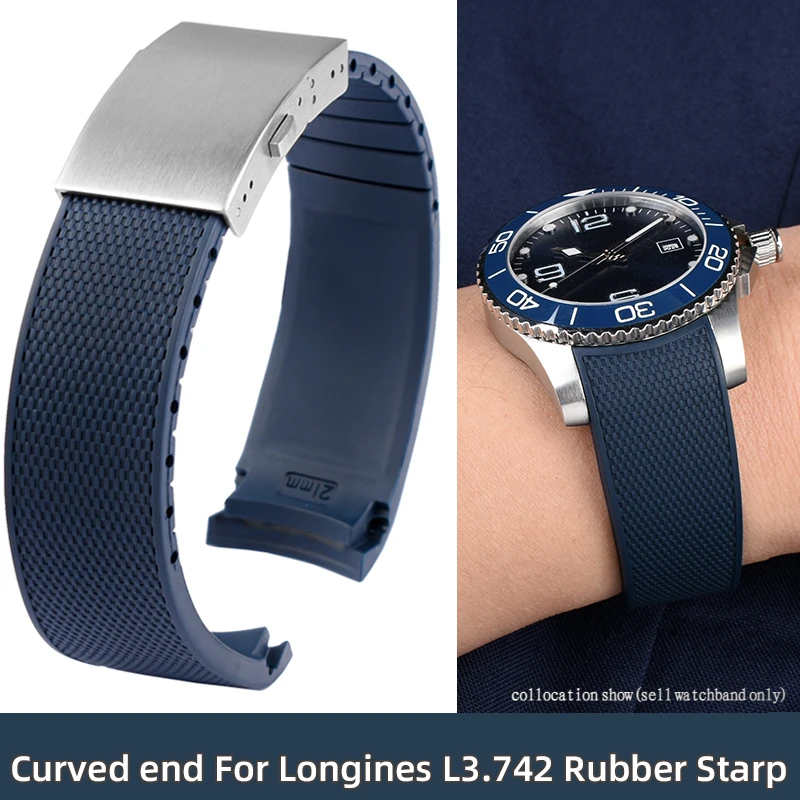 curved end Rubber watchband For Longines Conquest HydroConquest watch Strap L3.781 642 742 782 Men\'s Sport Diving Silicone band