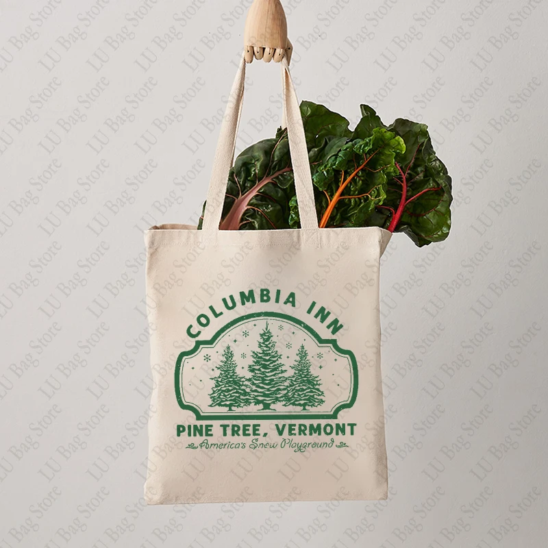 Columbia Inn Pattern Tote Bag Pine Tree Canvas Shopping Bags Vermont Women's Large Capacity Shoulder Bag for Travel Daily