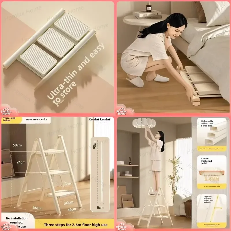3 Step Folding Ladder Steel Step Stool for Adults 330 lbs Capacity Kitchen Ladder Home Use Loft Bed Ladder Space Saving