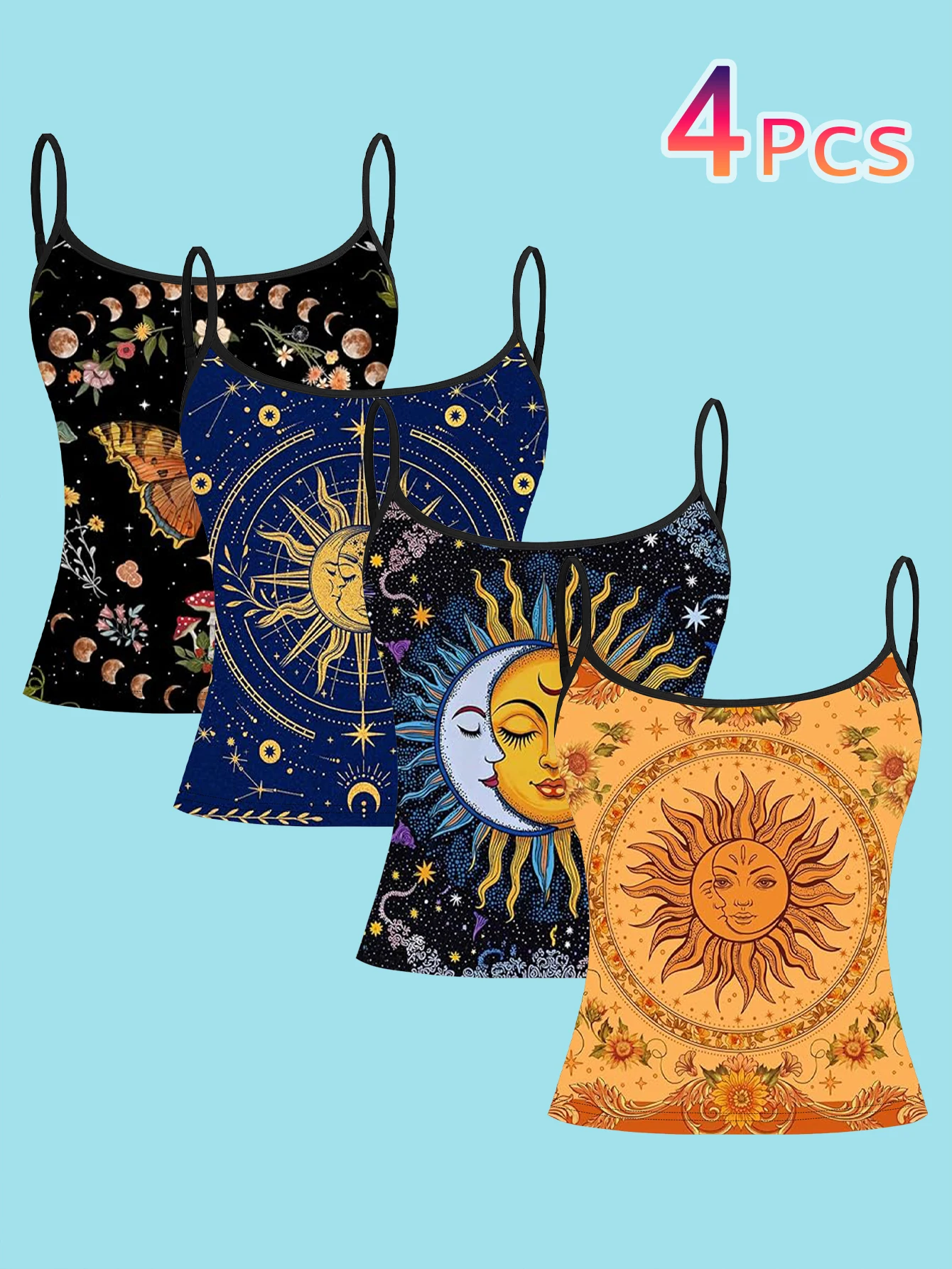4-Piece Set of Women's Spaghetti Strap Camisoles, Vintage Star-Moon-Sun Astrology Tarot Style All-Over Print Slim-Fit Sleeveless Tops, Bohemian Outerwear and Innerwear Base Layer Shirts