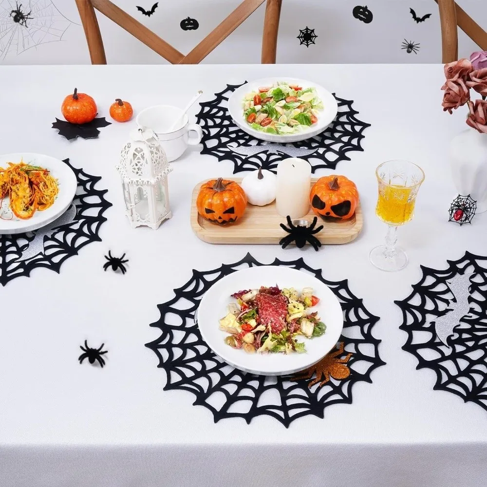 Bat Non-slip Halloween Spider Web Placemat Hollow Out Heat-Insulating Spider Web Coaster Waterproof Soft Felt Cup Mat Party
