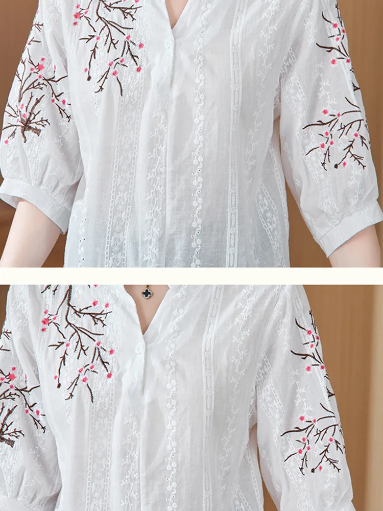 Pure Cotton Lace Lantern Sleeve Shirt For Women\'s 2024 Summer V-Neck New Casual Versatile Embroidered Flower Fashion Shirt