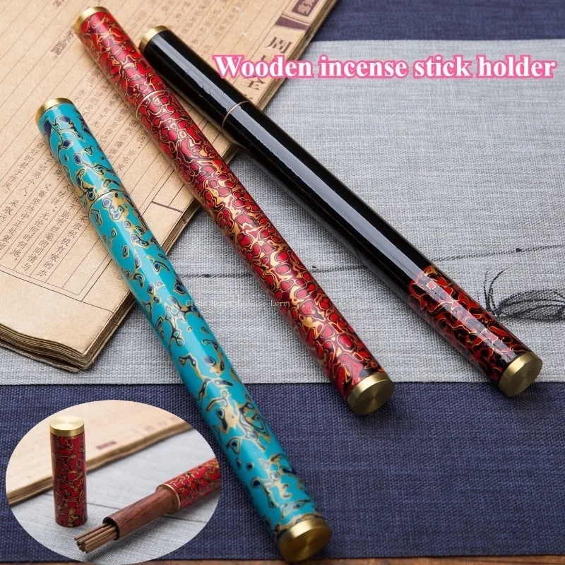 23CM Long Wood Lacquer Line Incense Tube Portable Aromatherapy Accessories Home Indoor Joss Stick Storage Cylinder Ornaments