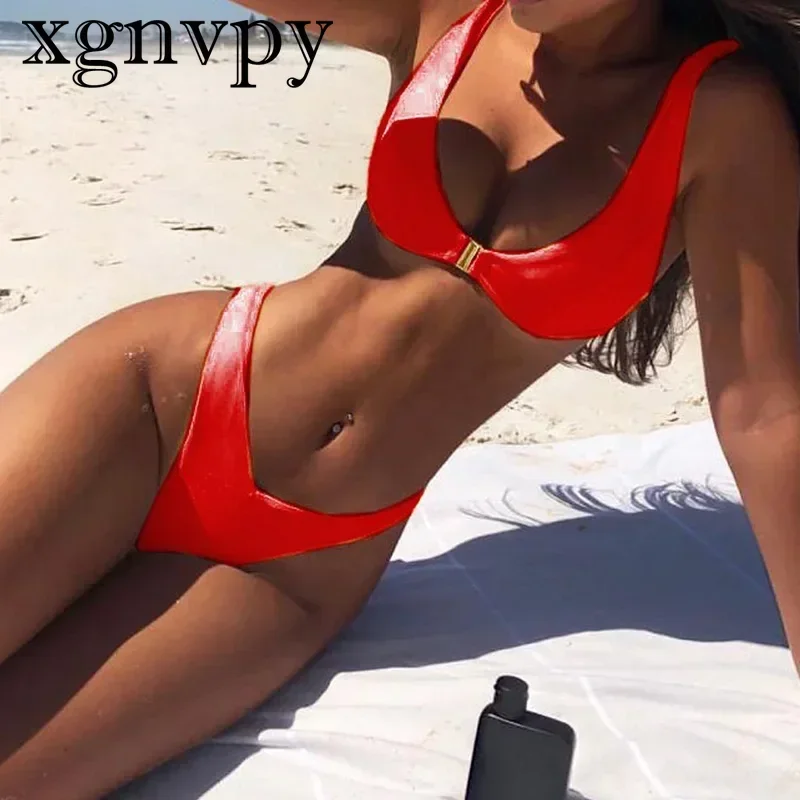 Xgnvpy musim panas baru Set Bikini seksi baju renang Solid wanita Push Up perban pantai baju mandi elegan pakaian pantai