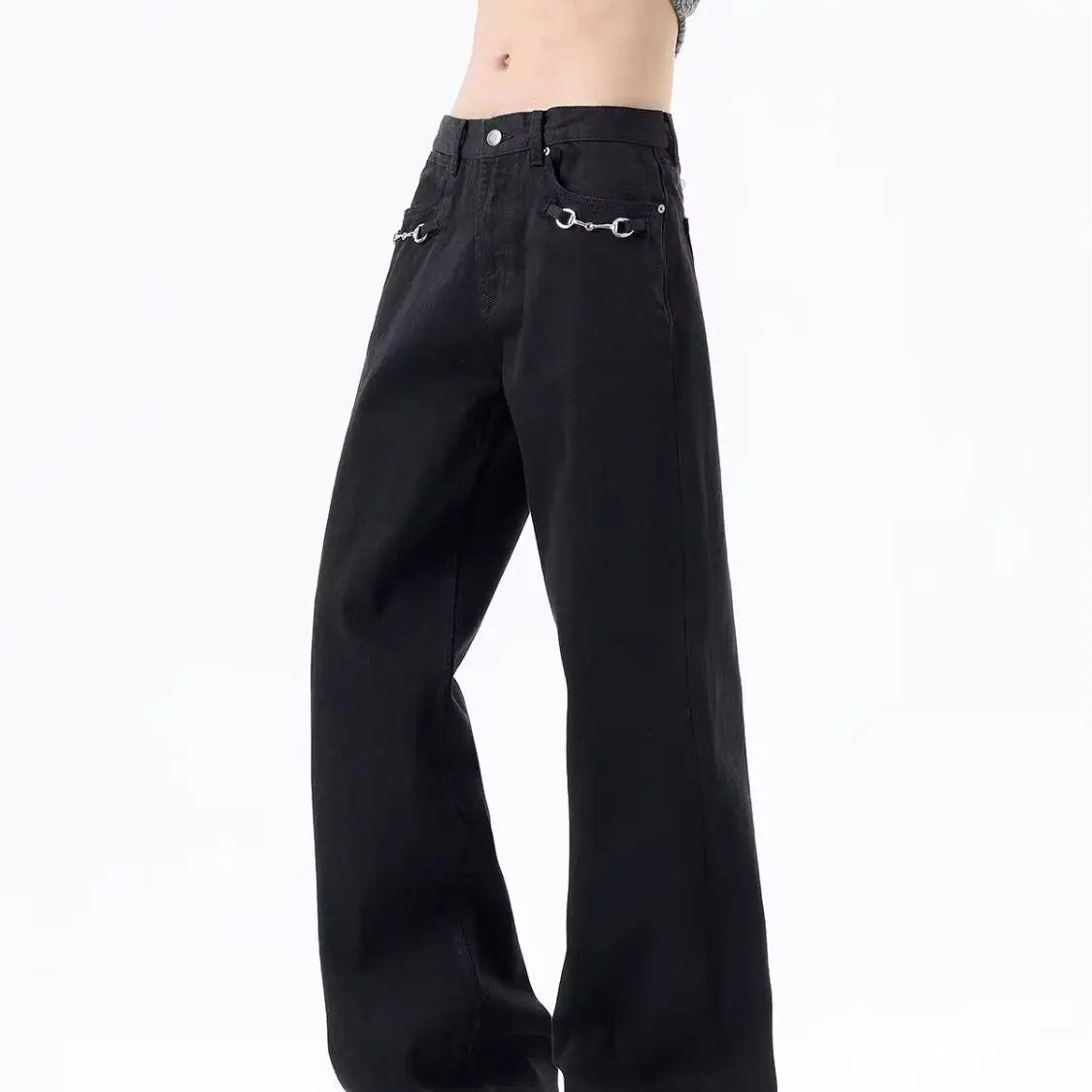 Vintage Men Black Bootcut Jeans Metal Chain Ornament High Street Hip Hop Denim Trousers Male High‑waist Wide Leg Flare Pants