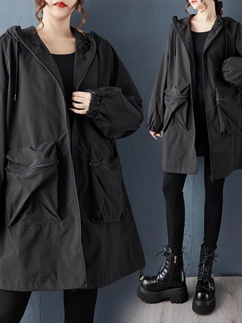 2025 Autumn Women Windbreaker Loose Korean Style Fashionable Large Pocket Collage Hooded Versatile Casual Mid Length Jacket w104