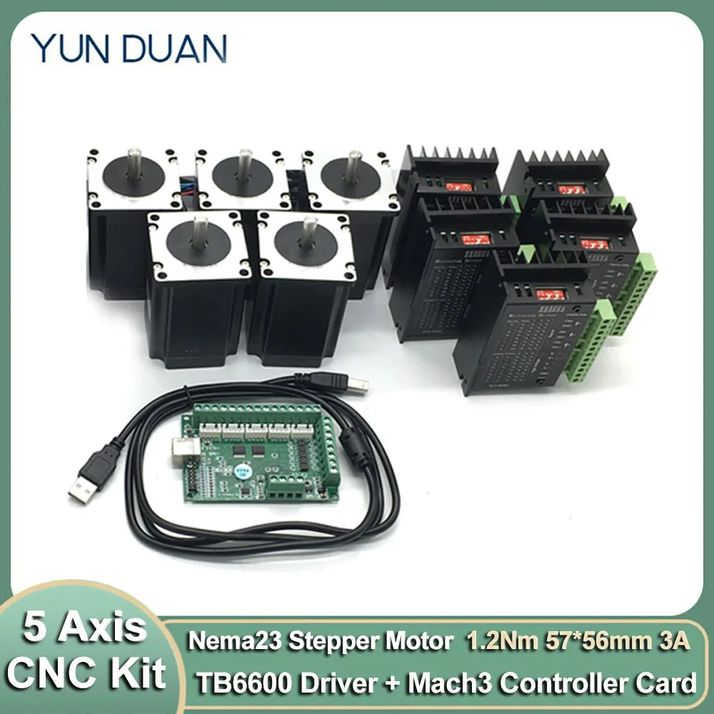 5 Axis Nema23 Open Loop Stepper Motor Driver Mach3 Breakout Board Kits 5 Sets 57*56mm 3A 1.2Nm 172Oz-in 2PH CNC Router