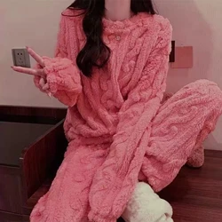 2Pcs/Set Men Winter Coral Pajama Set Round Neck Long Sleeve Thick Twisted Texture Loose Elastic Waist Warm Homewear Top Pant Set