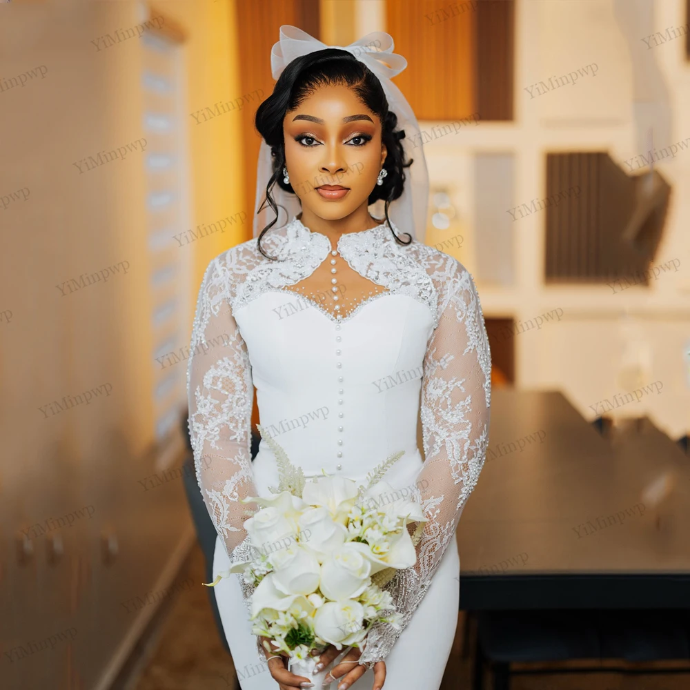 Civil Wedding Dresses for Bride 2026 O-Neck Full Sleeve Tea Length Aso Ebi Nigeria Lace Bridal Reception Dresses Customized