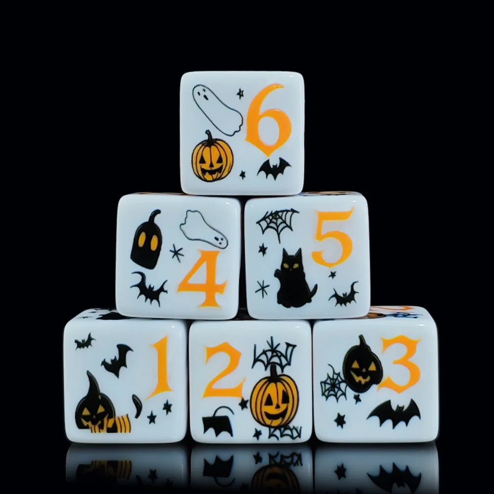 12Pcs 16MM White Acrylic Printed D6 Dice Halloween Pumpkin Ghost Bat Pattern 6-Sided Square DND Dice Tabletop RPG Party Game