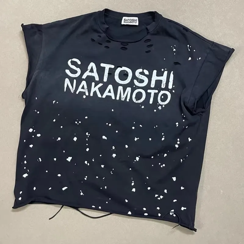 Ripped Hole Satoshi Nakamoto T-shirt High Quality Splash-ink Pattern Short Sleeve Retro Casual Loose Round Neck T Shirts