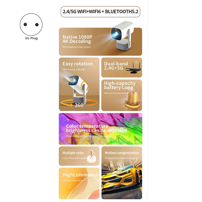 AS95-4K Wifi Projector K2 PTZ Smart Android11 Portable Home Theater Video LED Bluetooth Mini Projector