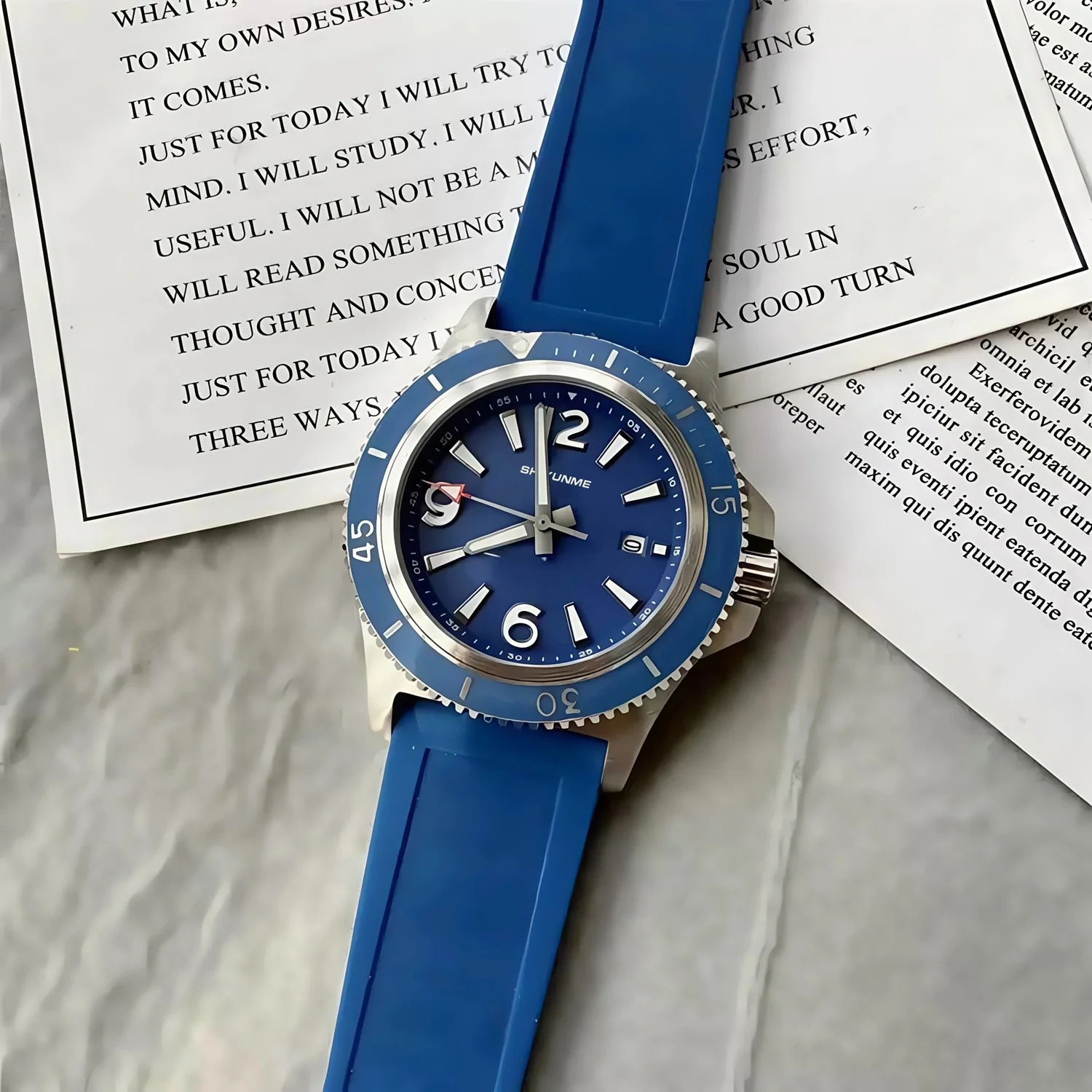 Relógio mecânico automático preto e azul luminescente super marinho masculino de alta qualidade novo aço inoxidável moldura rotativa borracha