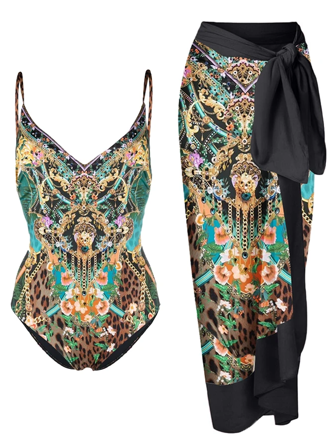 Women's Swimwear Vintage Floral Leopard Colorblock Print V-Neck Swimsuit and Cover-up Backless Beachwear Bohemian style clothing