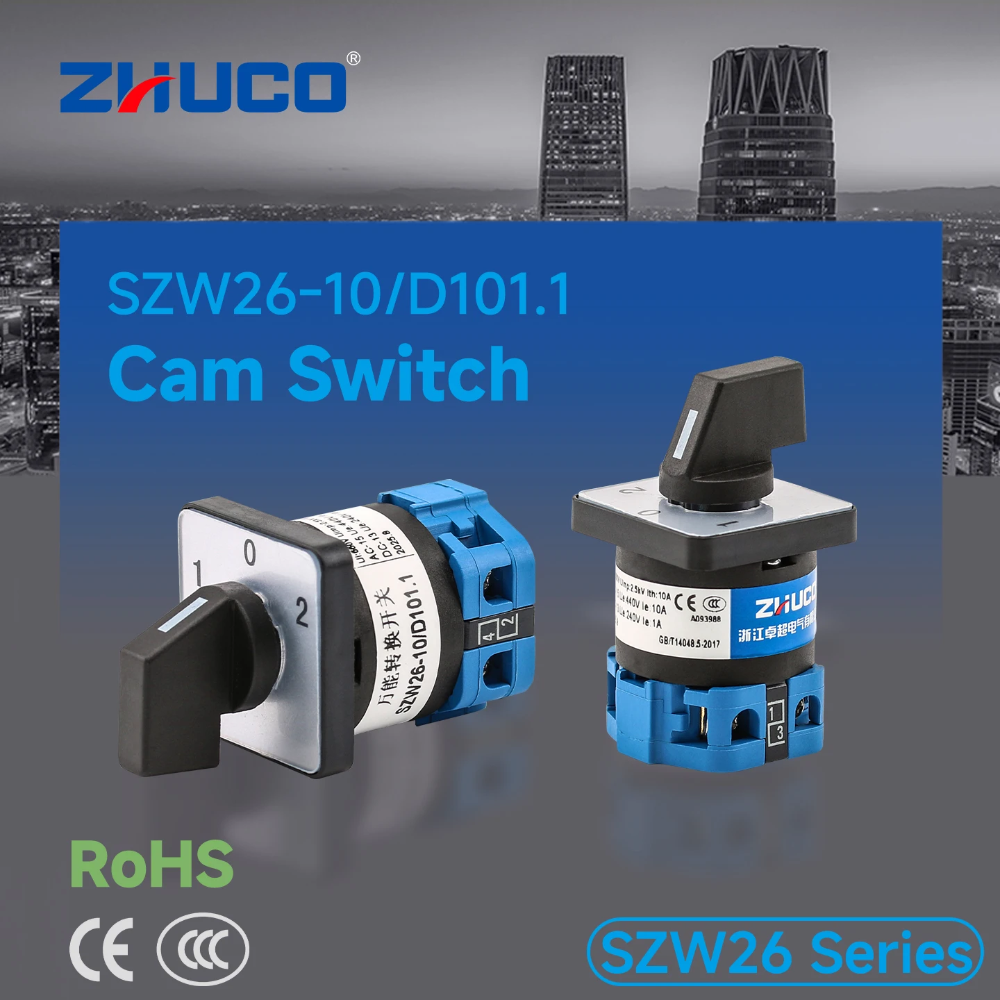 Zhuco 2/3 Position Selector Switch 10A 690V, 4-Terminal Universal Rotary Cam Selector with Locking Switch, Suitable for Distribution Cabinets, Machine Tools, Industrial Panels (Szw26-10, on Off On, on Off, on on)