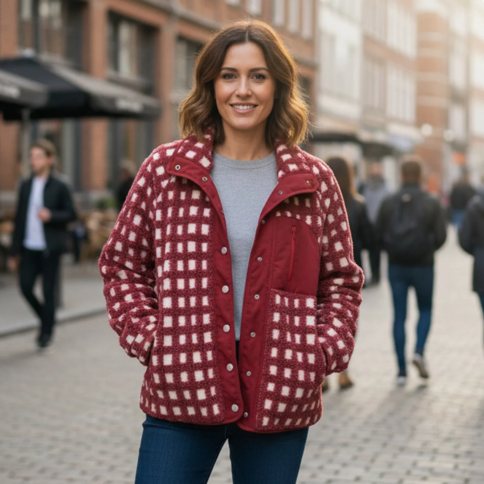 Women Fleece Jackets Snap Button Down Long Sleeve Lapel Collar Plaid Fall Winter Outwear with Pockets