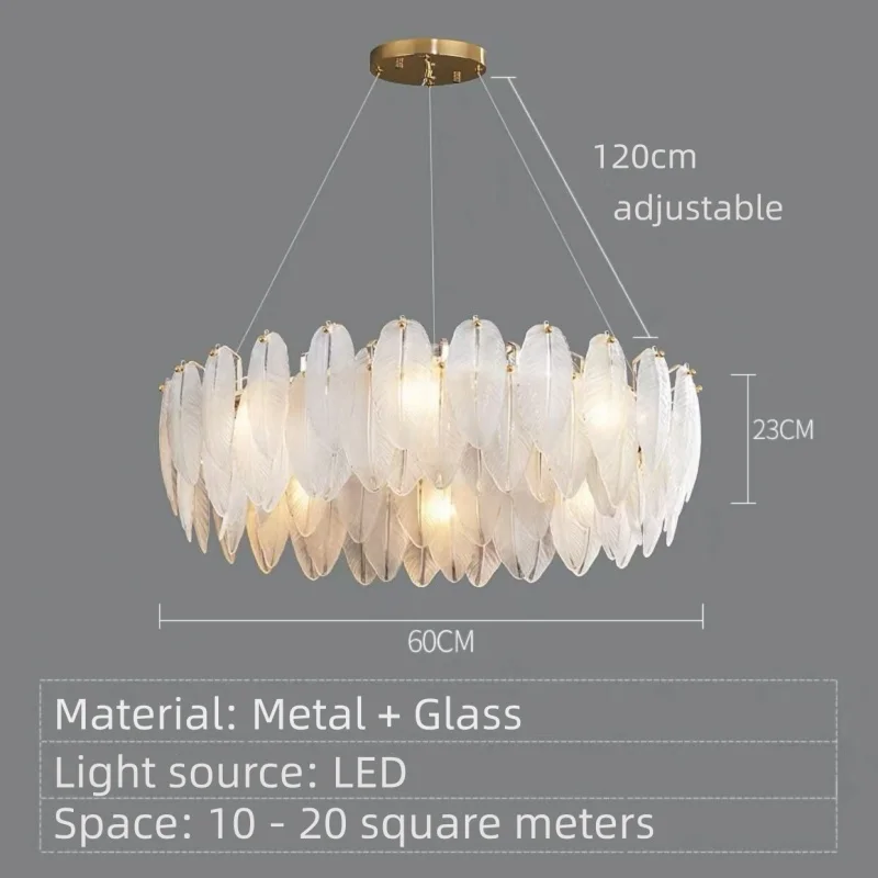 Modern Luxury LED Feather Glass Chandelier, Gold Metal Pendant Light for Living Room Bedroom Home Decor Ceiling Lighting Fixture