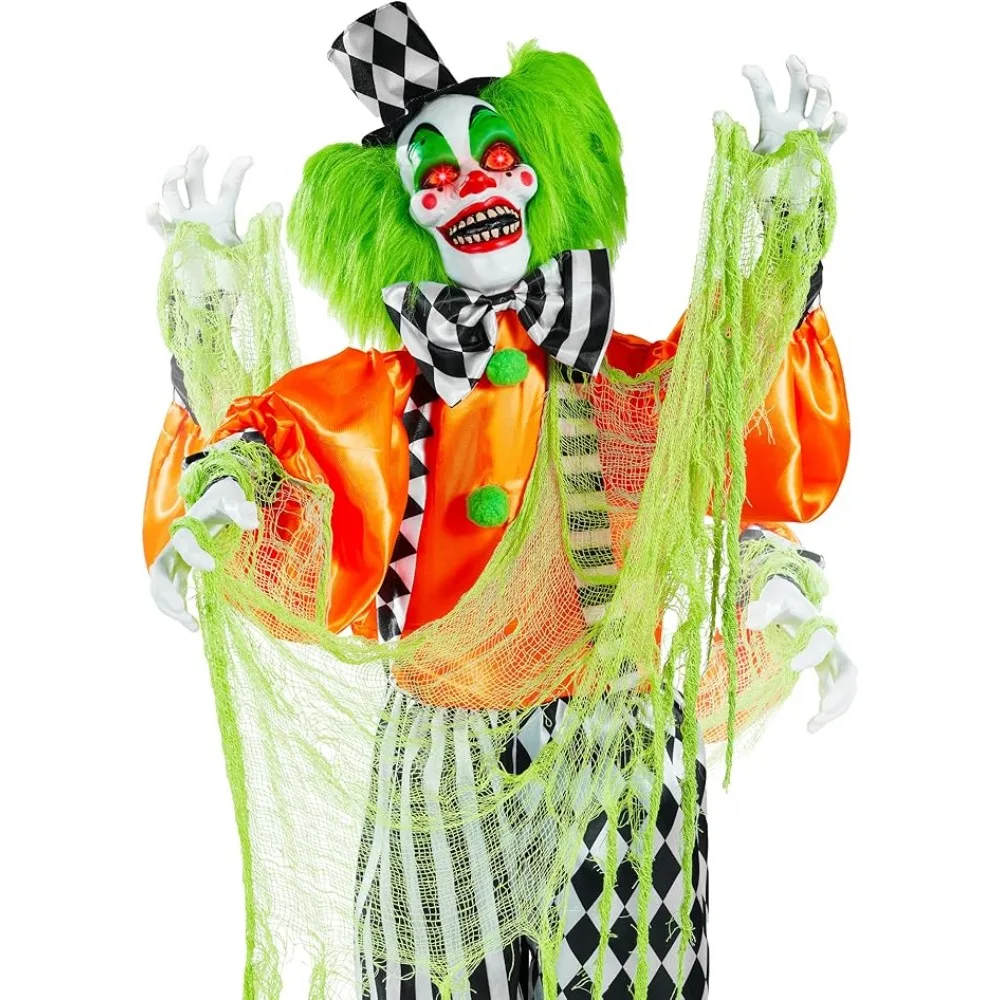 Clown Halloween Prop W/Pre-Recorded Lines, Light-Up Eyes, Moving Arms & Head, Halloween Outdoor Clown Standing Decoration