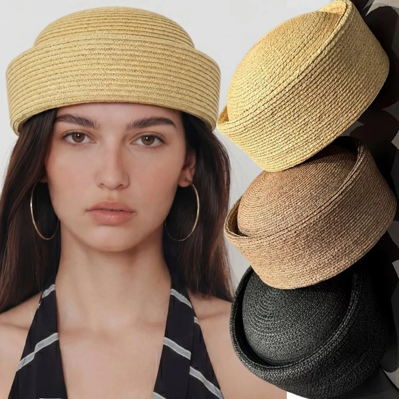 2026 Retro French Rafi Straw Hat No Brim Round Top Elegant Small Pillbox Hat European Fashion High End for a Vacation Look