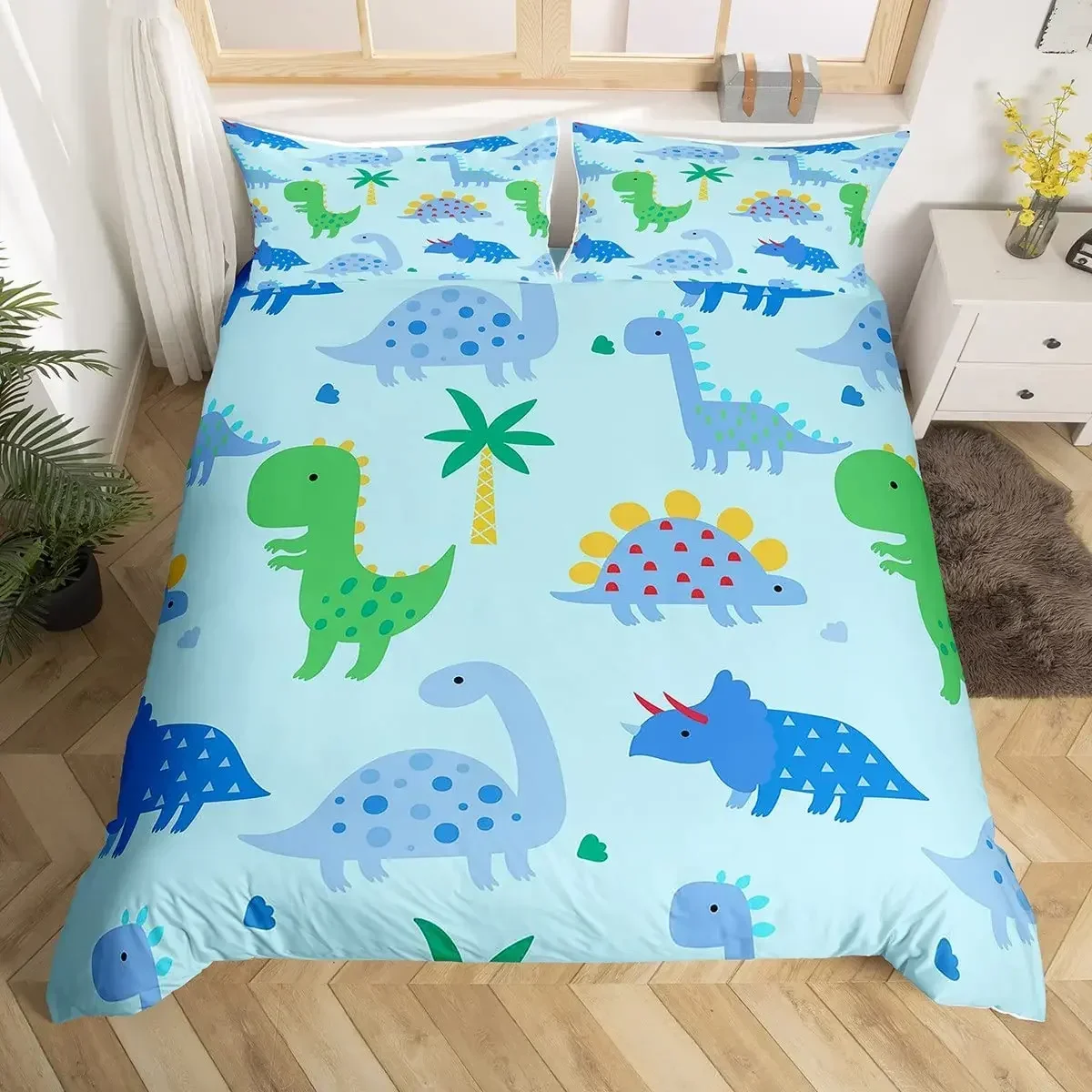 Bedding Set Cute Cartoon Dinosaur Pattern Duvet Cover for Boys Children Lovely Animal World Bedroom Decor Geometry Stripe