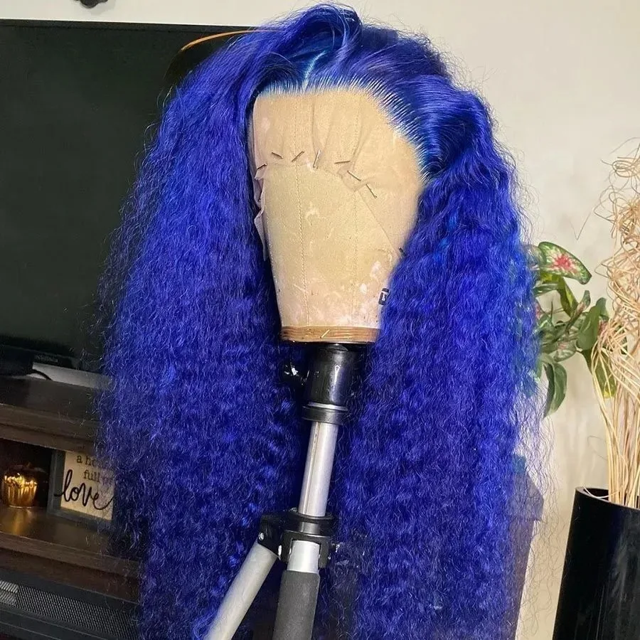 180% peluca  Density Blue Loose Curly Wave Lace Front Wigs Heat Resistant Synthetic Deep Wave Lace Frontal Wig  For Women