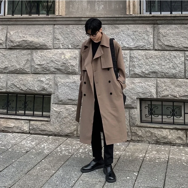 Autumn Men\'s Long Coats with Waistband Knee Length Trench Coat Double Breasted Cool and Fashionable High Street Lapel Trench