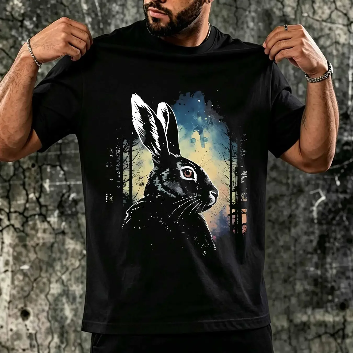 washed T Shirt Rabbit Bunny s lover Animal Silhouette tee Forest long or short sleeves vintage Washed Slightly Casual Stylish