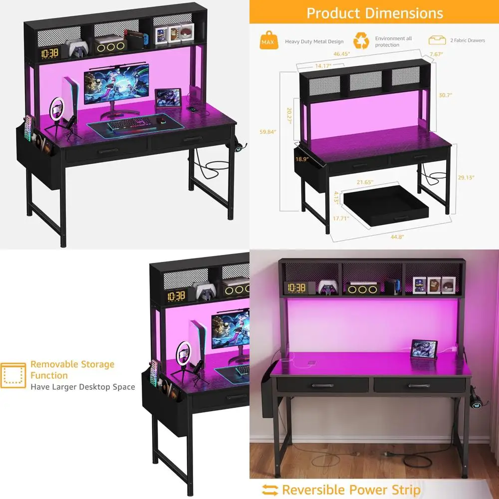 مكتب ألعاب أسود مع مساحة تخزين، وخزانة، وأرفف، وإضاءة LED، ومنافذ طاقة #1