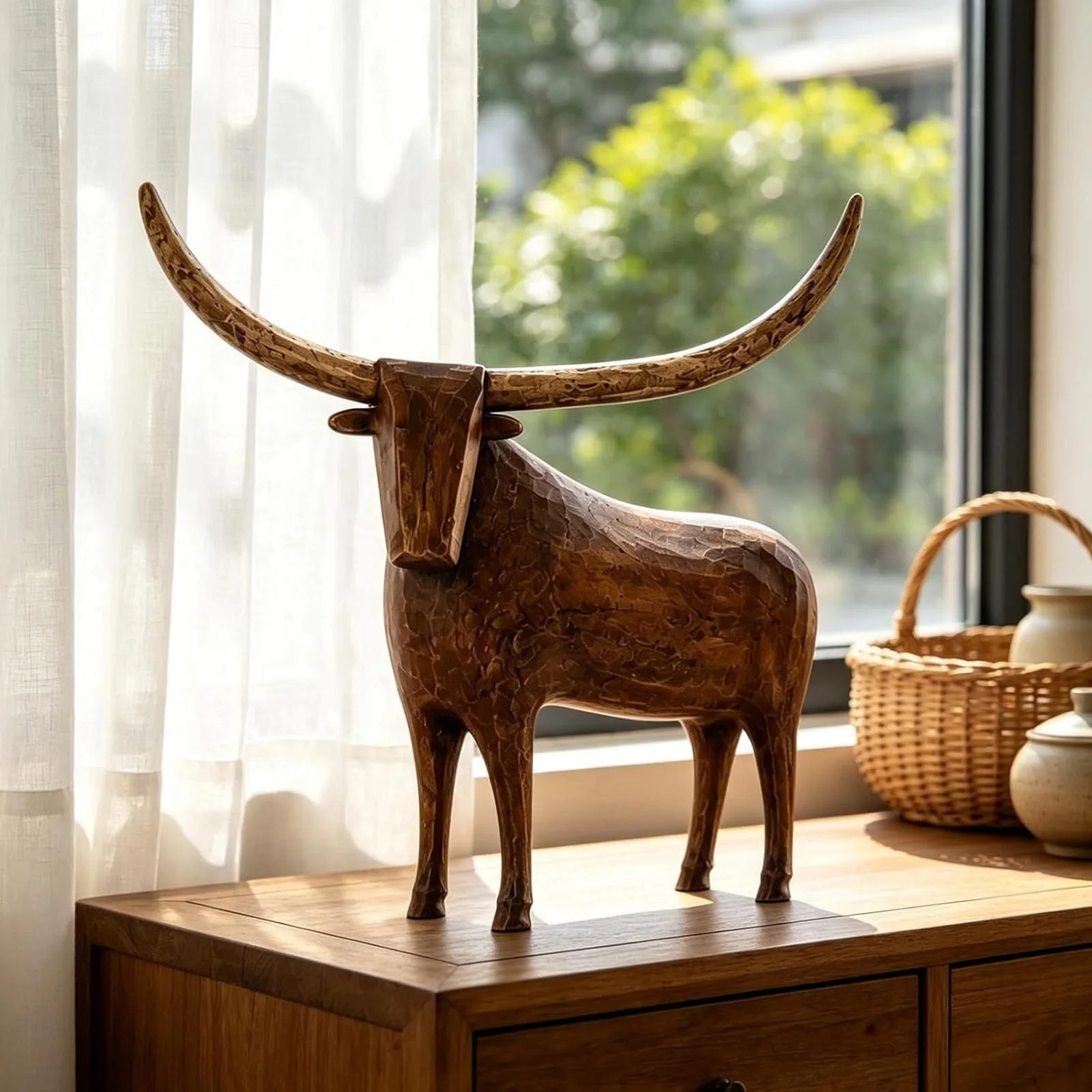 Resin Western Longhorn Statue Rustic Vintage Folk Art Farmhouse Shelf Home Decor