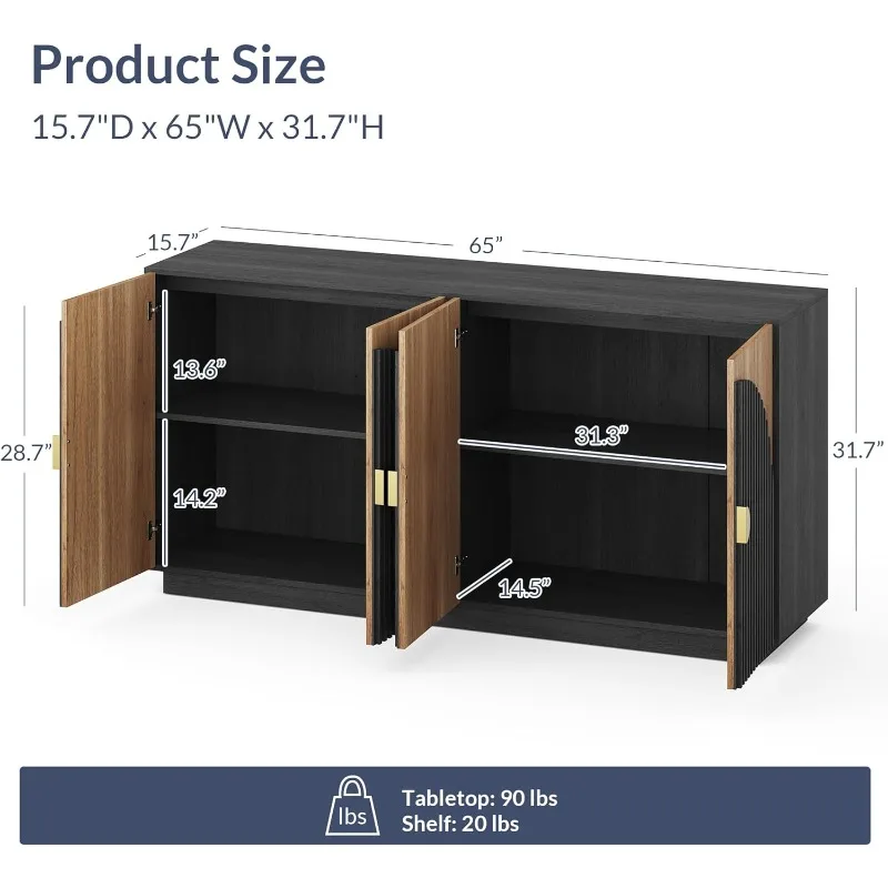 65 Inch Fluted Buffet Cabinet with Storage, Console Table for Dining Room, Kitchen, and Living Room (Camel)