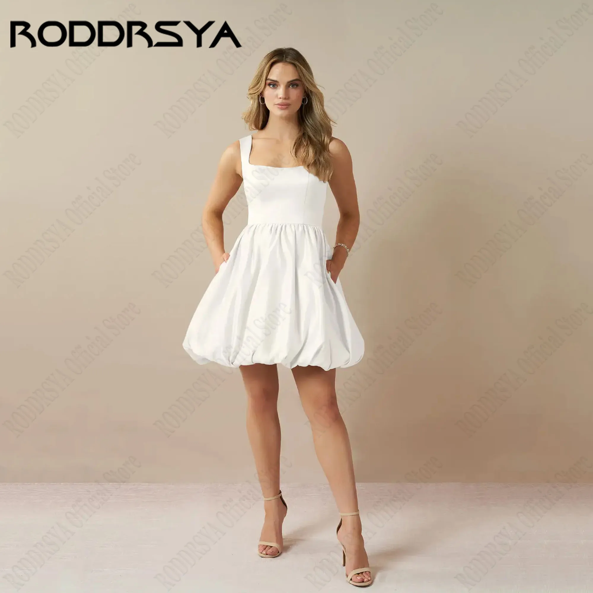 RODDRSYA Mini A-Lineชุดเจ้าสาว2024สแควร์คอBacklessง่ายซาตินGownsแต่งงานแขนกุดVestidos De Fiestaที่กําหนดเอง