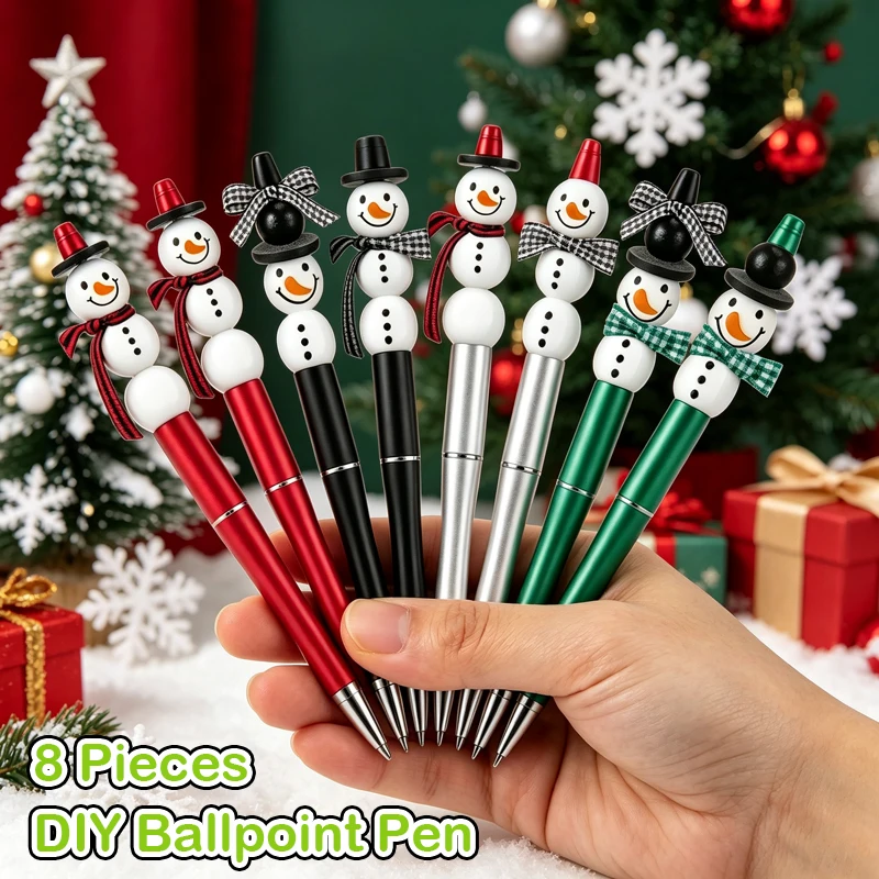 8PCS Colorful Christmas Snowman Theme DIY Beaded Ballpoint Pen Wood Bead Set Craft Kit Office Supplies Toys for Adults XMAS Gift