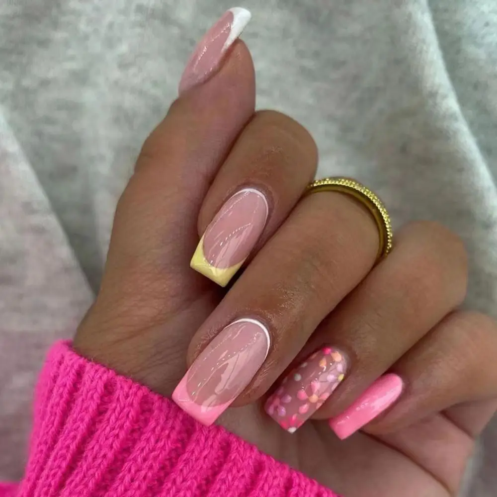 Colorful Wavy Long Square False Nails French Manicure Press On Nails DIY Detachable Nail Tips at Home