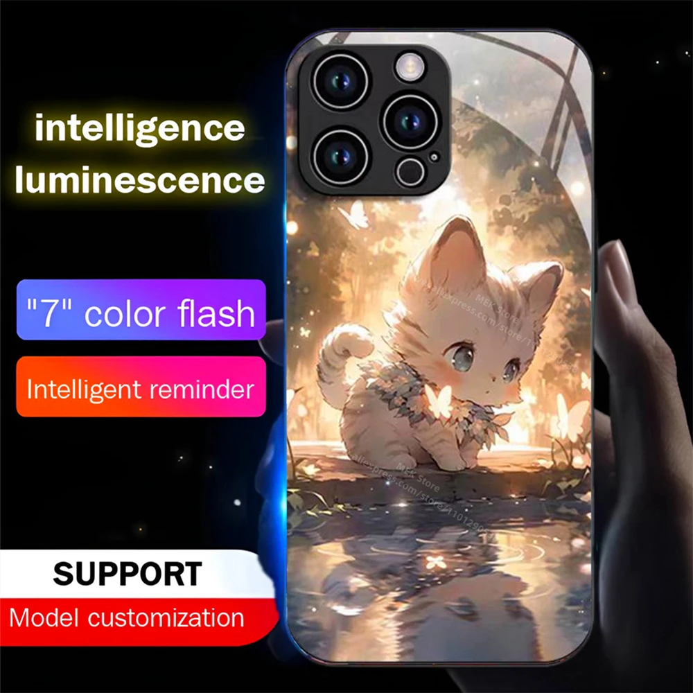 

Lovely Cartoon Cat LED Light Up Phone Case Glowing Back Cover For iPhone Air 17 16 E 15 14 13 12 11 Pro Max X XS XR Plus