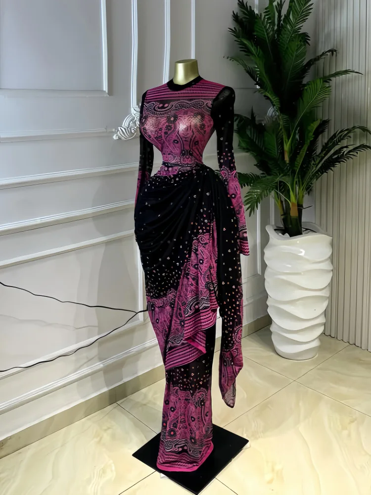JENYAGE Damen Sexy Rosa Schwarz Paisley-Druck Transparentes Netzstoff-Oberteil mit Stehkragen Langarm Drapiertes Wickel-Bodycon-Party-Abend-Jumpsuit-Kleid – Detail 5