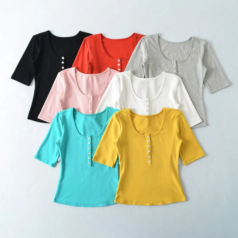 Women Ribbed Knit U Neck Half Sleeve T Shirt Front Button Slim Fit Solid Color Basic Tee Casual Elastic Short Sleeve Top