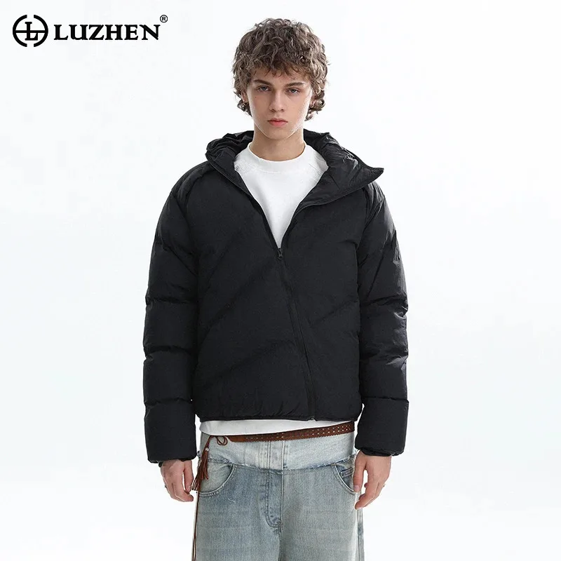 LUZHEN 2026 Winter New Fashion Niche Design Slant Zipper Hooded Padded Coat Men's Handsome Solid Color Bread Parka Jacket JY9362