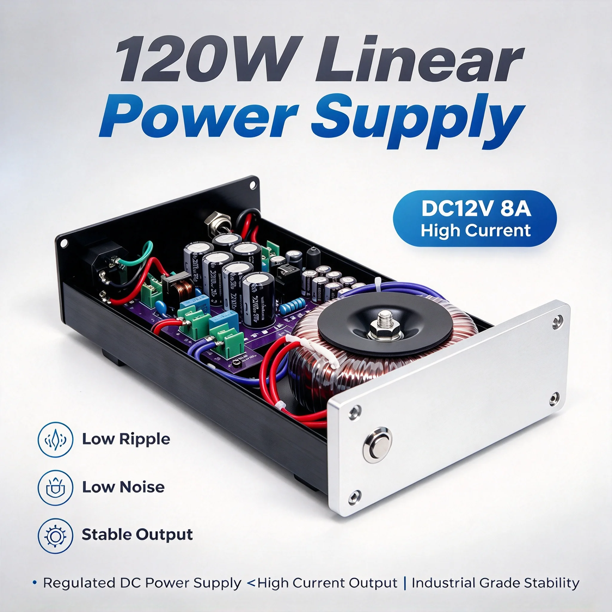 120w-A1943 Customizable voltage 12v 8A high current low ripple low noise regulated HiFi linear power supply for audio amplifiers