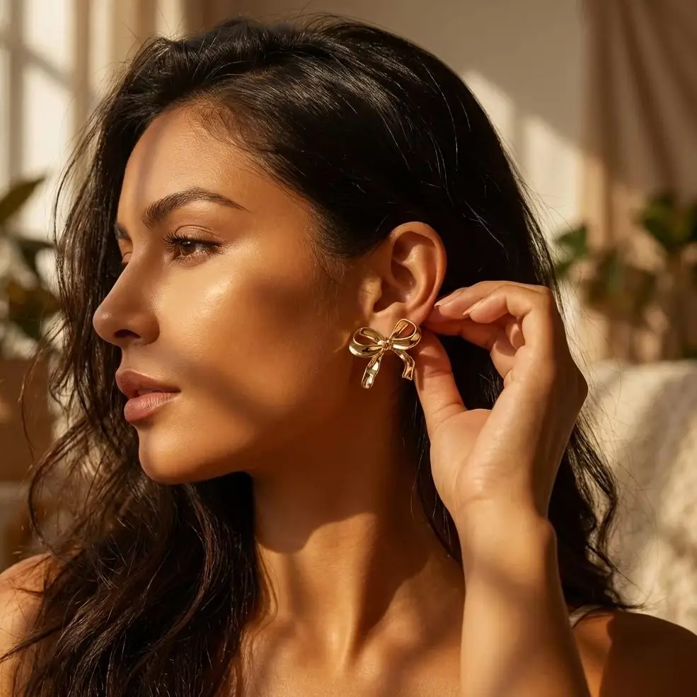 5-teiliges Goldfarbenes Ohrstecker-Geschenkset für Frauen Schleife Muschel Seestern Herz Knoten Strukturiert Alltäglicher Schmuck Freundschaftsgeschenk