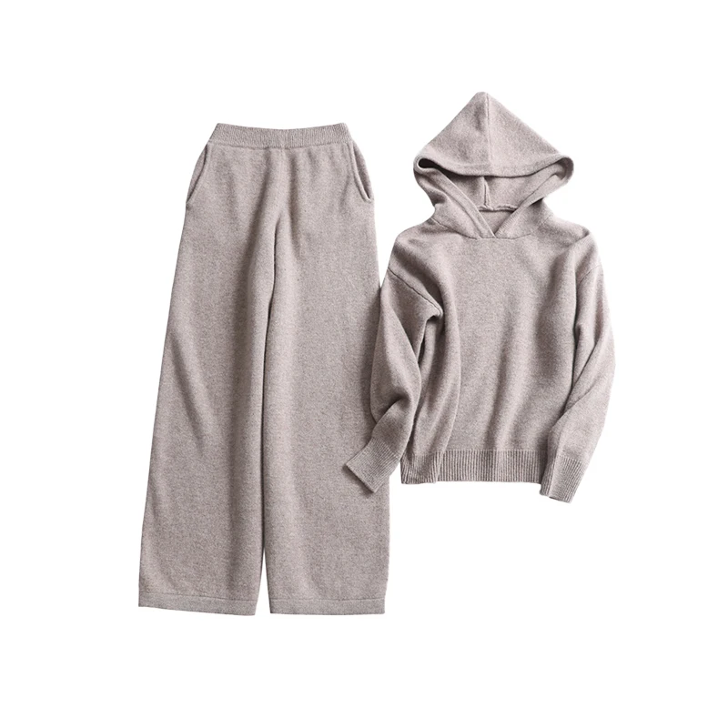 Thickened Warm Autumn Winter Hooded Knitted Sweater Wide Leg Pants Women 100% Merino Wool Knitwear Set Loose Casual 2 Piece Set