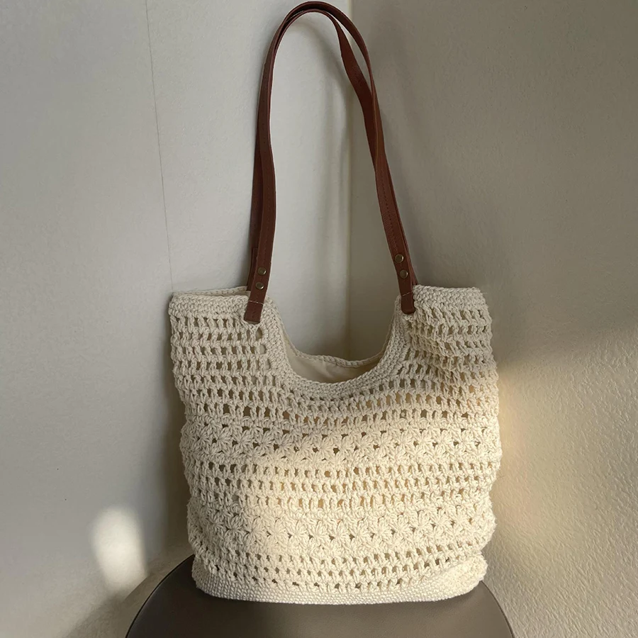 

Casual Hollow Out Large Capacity Tote Bag Milk Cotton Weave Women Shoulder Bags Handmade Summer Beach Bag Big Bali Shopper Purse