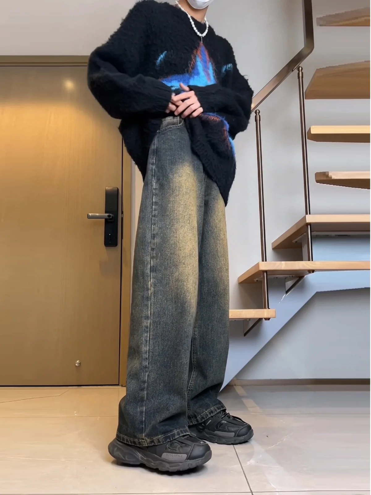 

Retro Blue High Waist Men's Fce Lined Autumn Winter Straight Leg Jeans American Vibe High Street Pants Youth Faion