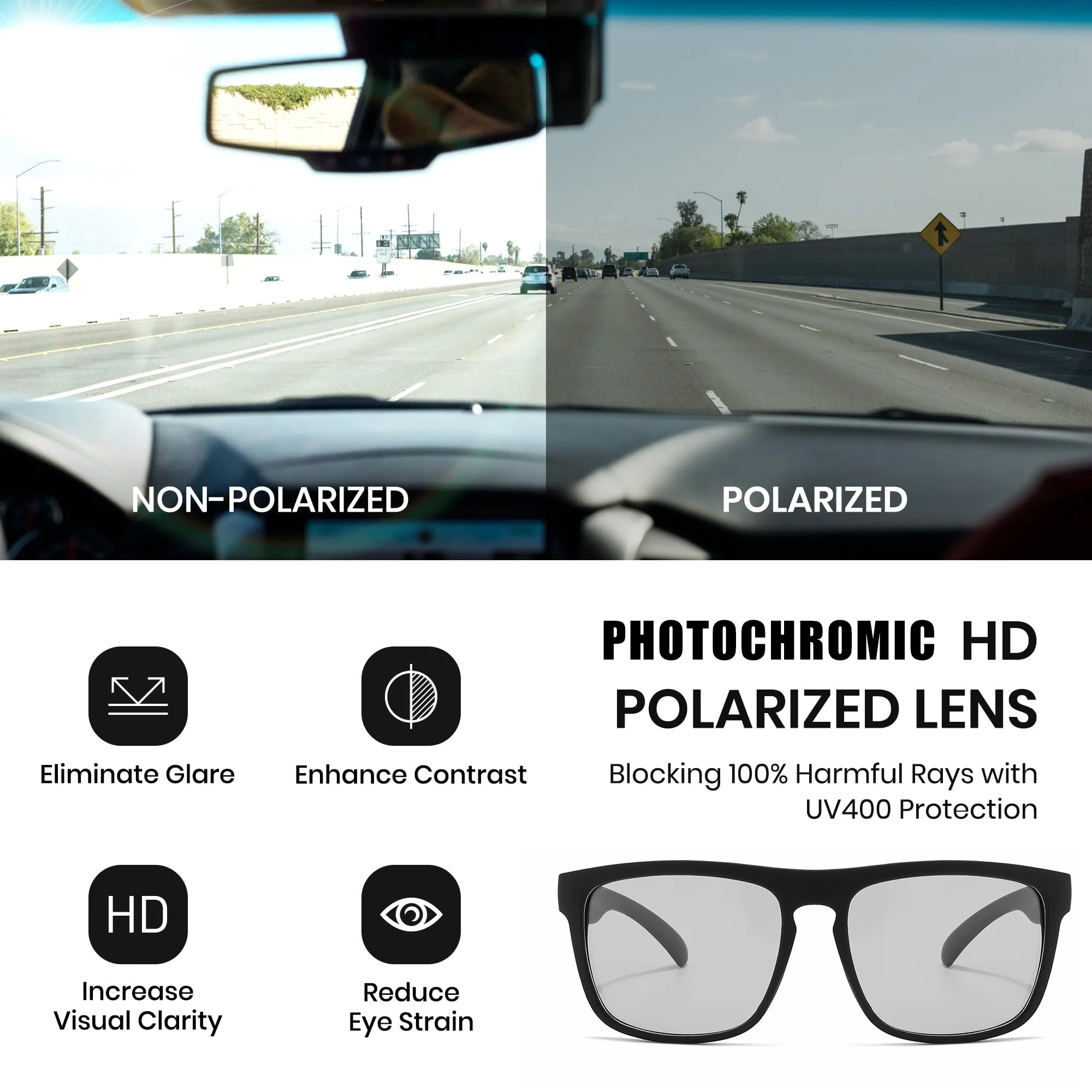 Sportliche Photochrome Polarisierte Sonnenbrille Unisex Klassischer Quadratischer Rahmen UV400 Blendschutz Ganztägiges Tragen zum Fahren Angeln Radfahren – Detail 5