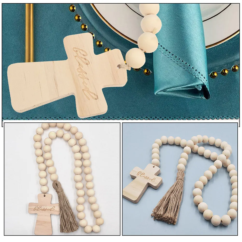 2Pcs Rustic Wood Bead Garland with Cross Pendant Farmhouse Home Decor Wall Hanging String for Indoor Festival Wood Bead Garland