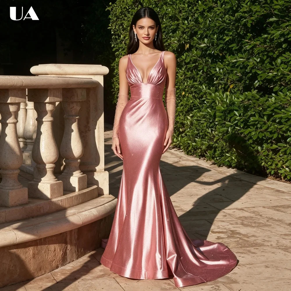 ULBYANRY Customized Satin Mermaid Prom Dresses for Women Sexy Deep V-neck Backless Evening Dress Solid Spaghetti Strap Ball Gown