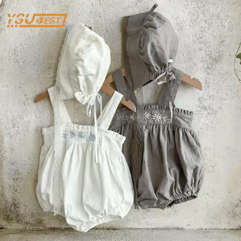 

Summer Toddler Kids Baby Rompers + Hat Sweet Baby Girls Sleeveless Embroider Children Jumpsuit Infant Baby Girls Rompers